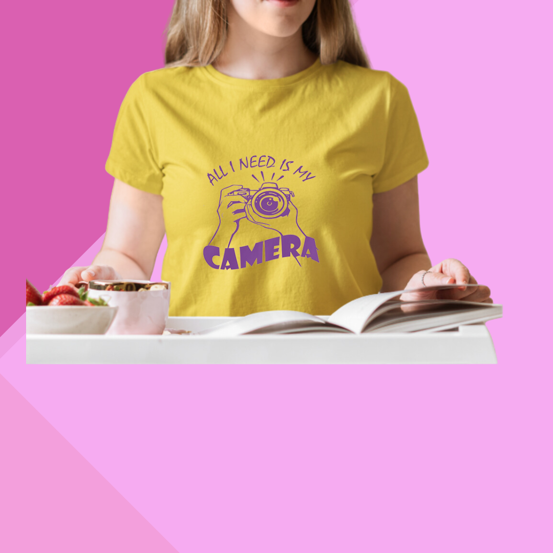 Show Your Love for Photography with our Women's "All I Need Is My Camera" Printed Yellow T-shirt