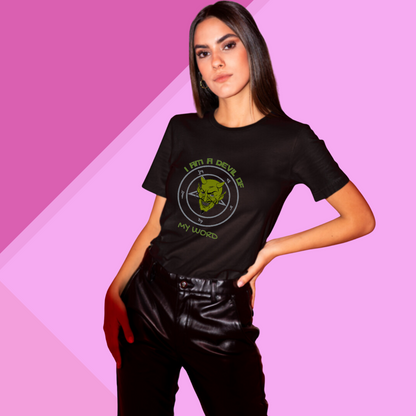 "Make a Bold Statement with the 'I Am Devil of My Words' Printed Women's Black T-Shirt