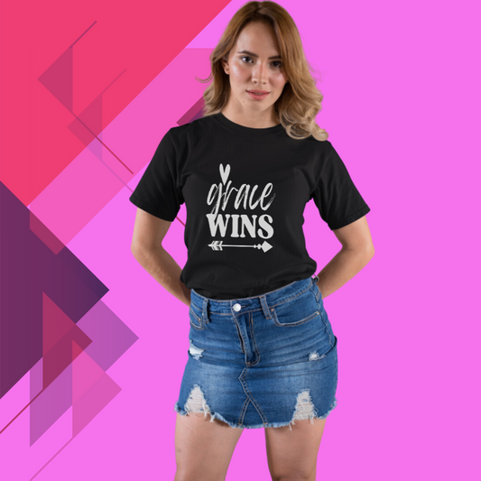 "Grace Wins" Women's Black Printed T-shirt - Wear Your Faith with Pride!