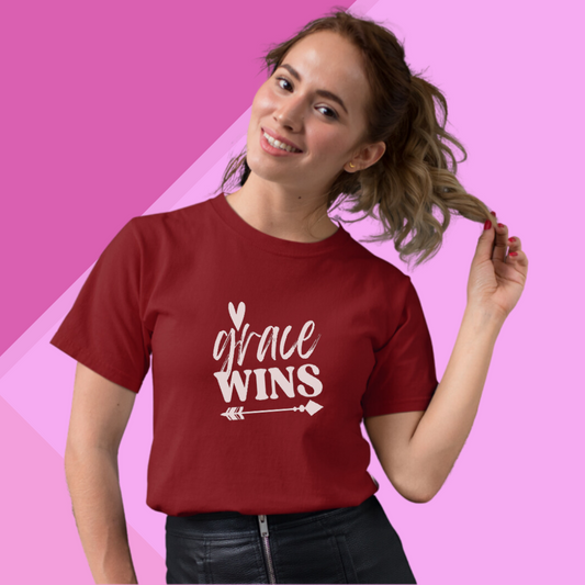 "Grace Wins" Women's Maroon Printed T-shirt - Wear Your Faith with Pride!