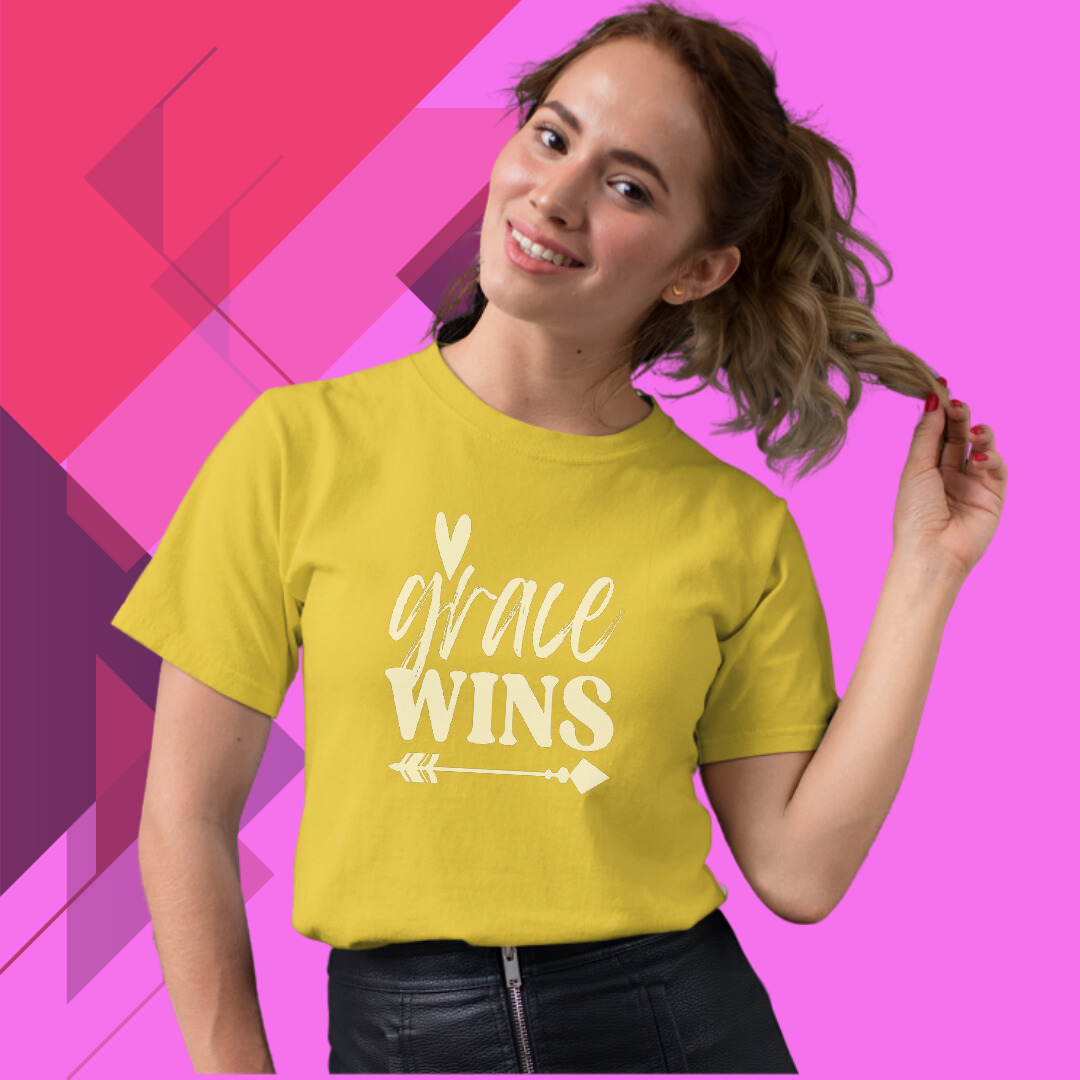 "Grace Wins" Women's Yellow Printed T-shirt - Wear Your Faith with Pride!