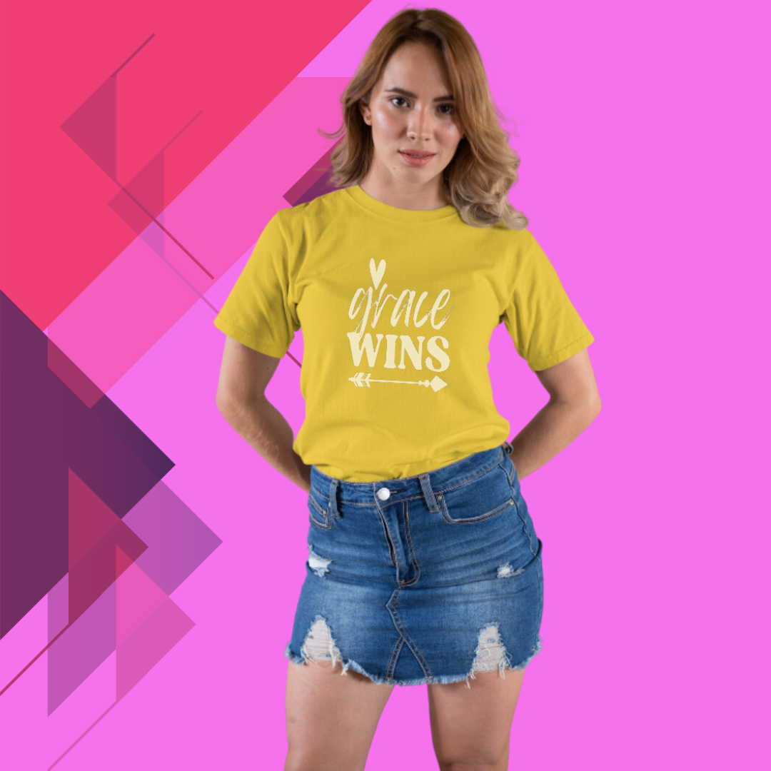 "Grace Wins" Women's Yellow Printed T-shirt - Wear Your Faith with Pride!