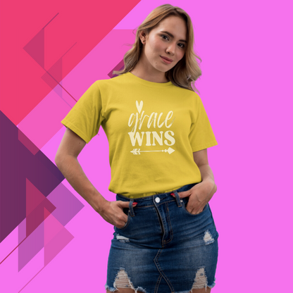 "Grace Wins" Women's Yellow Printed T-shirt - Wear Your Faith with Pride!