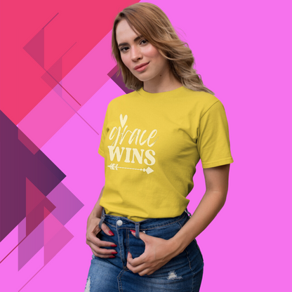 "Grace Wins" Women's Yellow Printed T-shirt - Wear Your Faith with Pride!