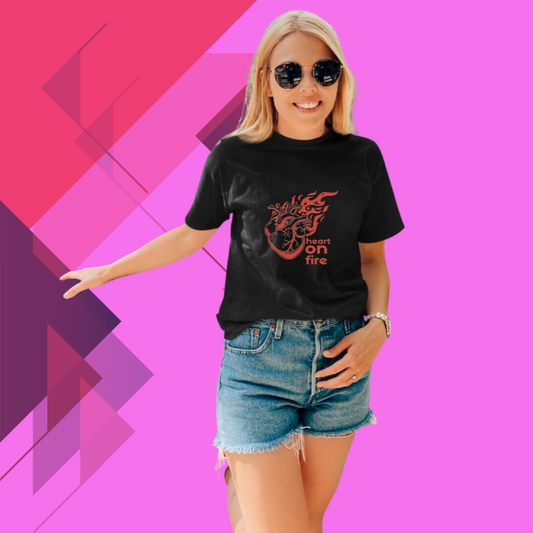 "Ignite Your Passion: Women's 'Heart on Fire' Printed Black T-Shirt"