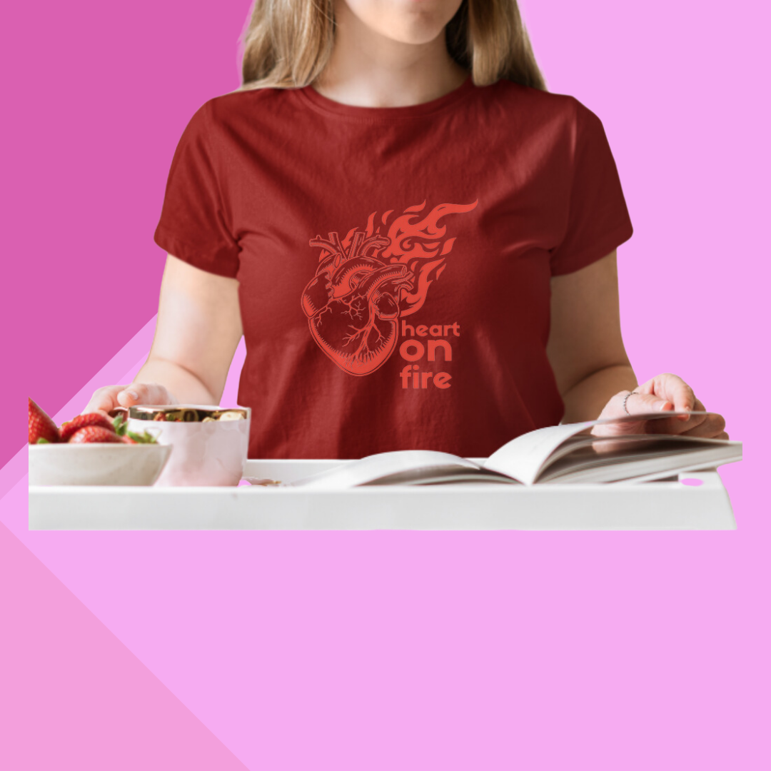 "Ignite Your Passion: Women's 'Heart on Fire' Printed Maroon T-Shirt"