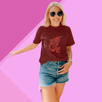 "Ignite Your Passion: Women's 'Heart on Fire' Printed Maroon T-Shirt"