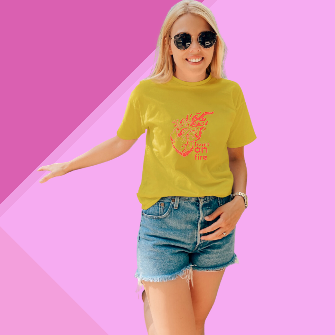 "Ignite Your Passion: Women's 'Heart on Fire' Printed Yellow T-Shirt"