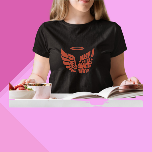 Soar High with Women's "Just a Girl Growing Wings" Printed Black T-Shirt