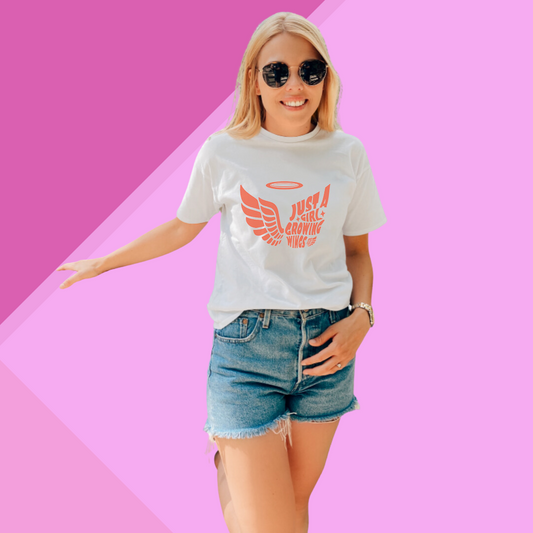 Soar High with Women's "Just a Girl Growing Wings" Printed White T-Shirt