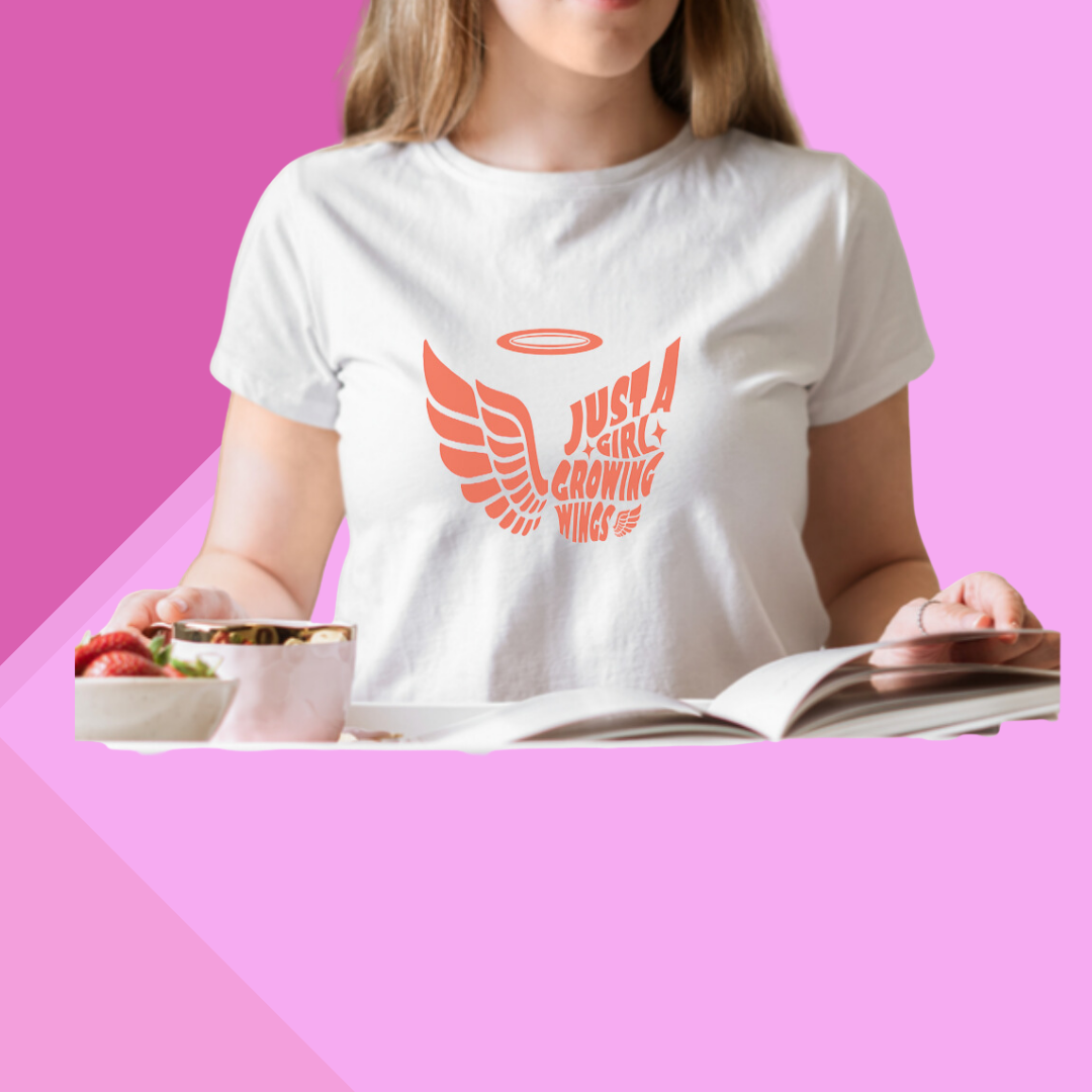 Soar High with Women's "Just a Girl Growing Wings" Printed White T-Shirt