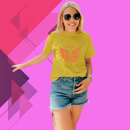 Soar High with Women's "Just a Girl Growing Wings" Printed Yellow T-Shirt