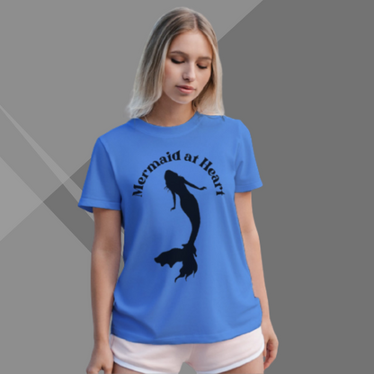 "Embrace Your Inner Mermaid with Women's 'Mermaid at Heart' Printed Blue T-Shirt"