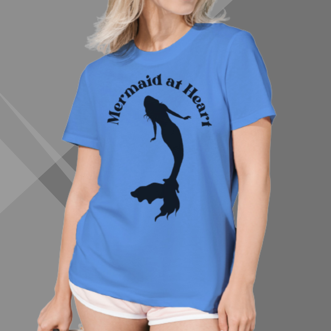 "Embrace Your Inner Mermaid with Women's 'Mermaid at Heart' Printed Blue T-Shirt"