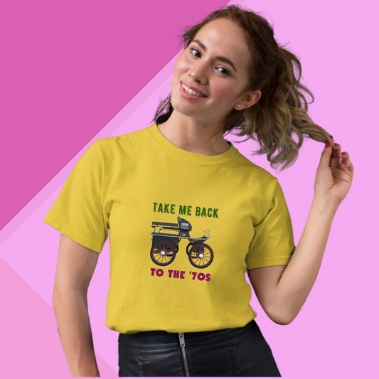 Relive the 70s with Our "Take Me Back to the 70s" Printed Women's White T-Shirt