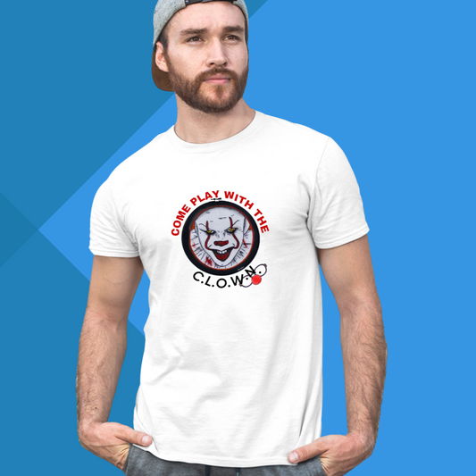 "Creepy Clown Tee - Men's White Graphic T-Shirt with 'Come Play With Me' Design"