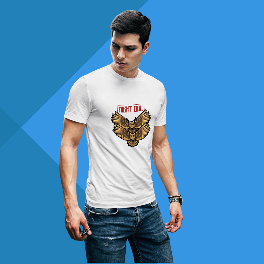 "Night Owl Tee - Men's White Owl Printed T-Shirt for Late Nights"