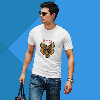 "Night Owl Tee - Men's White Owl Printed T-Shirt for Late Nights"