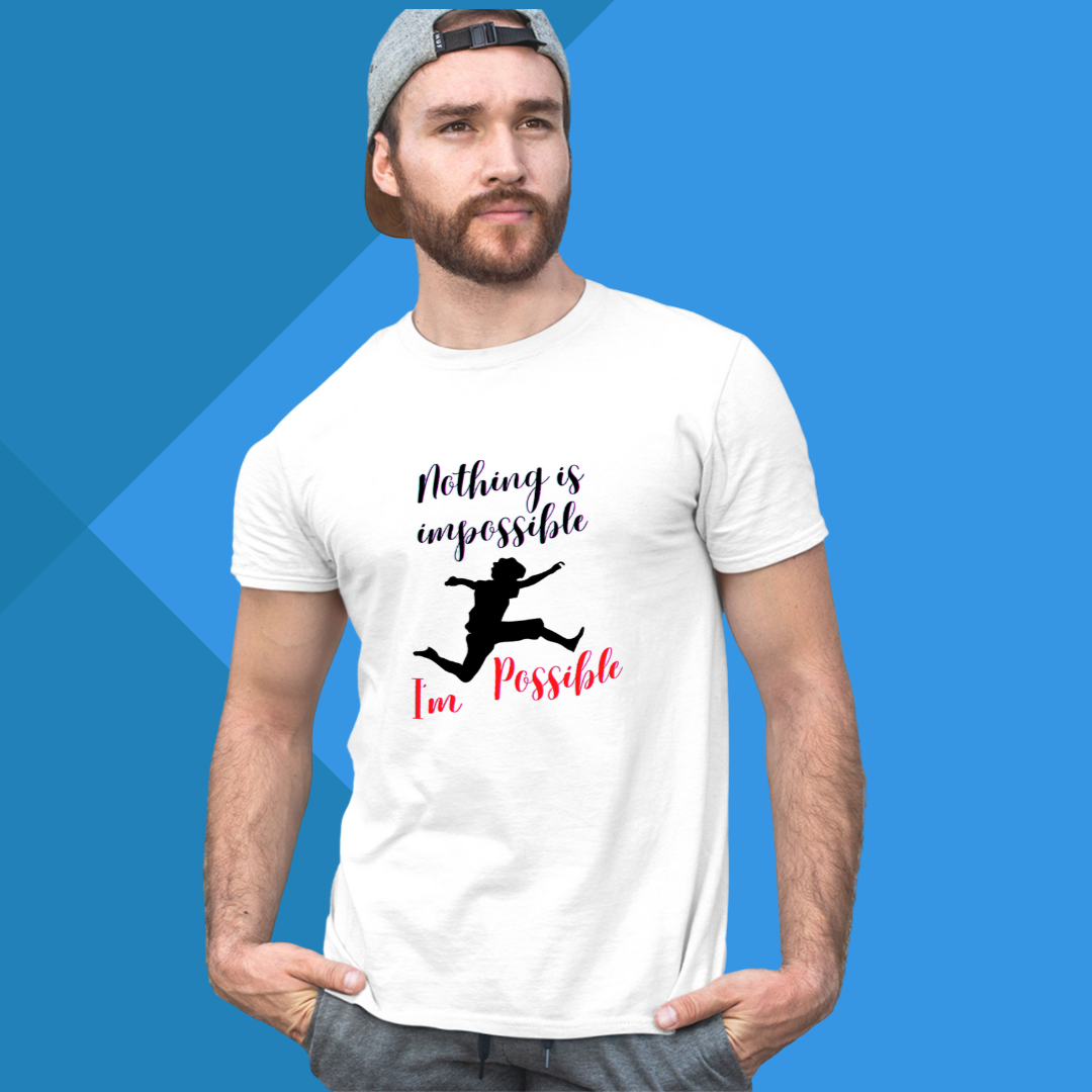 "Motivational Tee- Men's White Printed T-Shirt with 'Nothing is Impossible' Slogan"