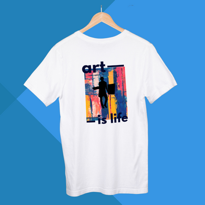 “Men’s White Art is Life Printed T-shirt – Unique Graphic Print Design”